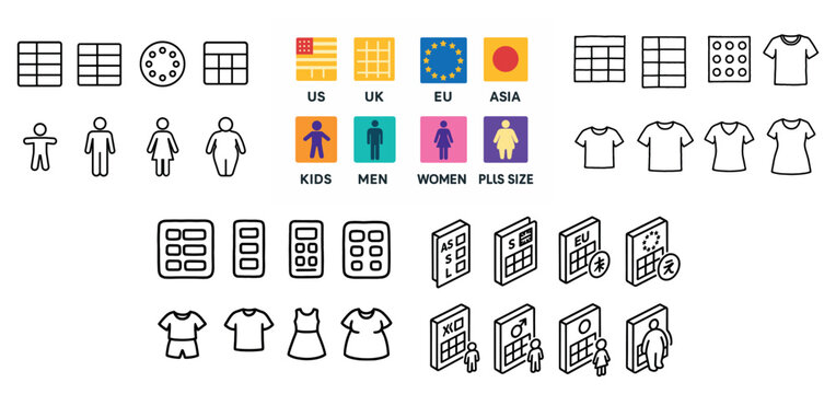 Apparel icons with shirt flag and size flat