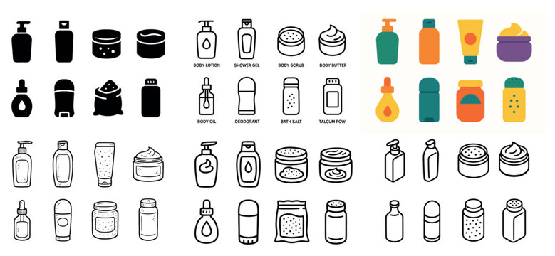 Personal care icons with bottle jar flat outline