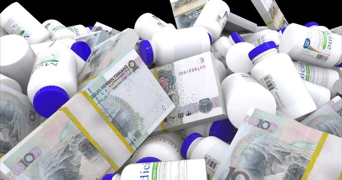 Chinese yuan banknotes and medicine bottles pile