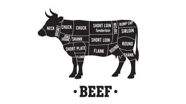 Beef cut chart diagram with labeled primal cuts, stylish vintage typography, and vector-style silhouette for kitchen menu design