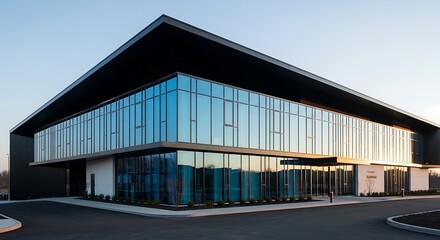 Fototapeta premium Modern glass office building exterior with sleek architectural design at dusk