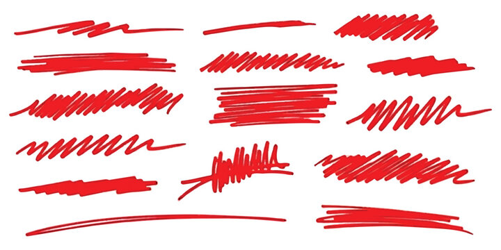 Set of hand drawn red pencil scribbles and rough brush strokes for graphic design