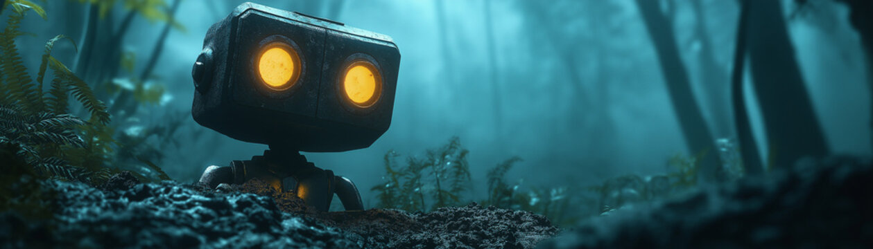 Small ancient robot with glowing orange eyes in jungle