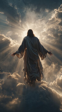 Jesus Christ on cross silhouette against dramatic cloudy sky with radiant sunbeams, spiritual Easter resurrection concept for Christian faith and hope backgrounds.
