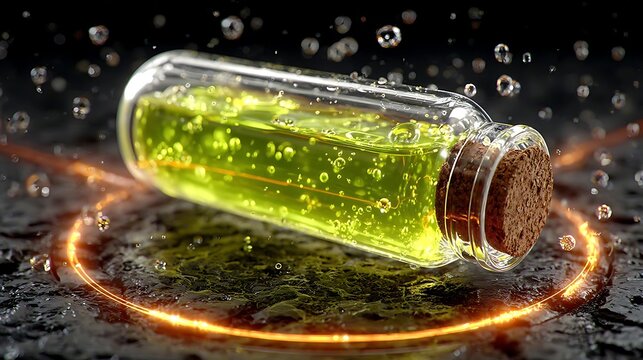Transparent vial containing bright green experimental fluid images