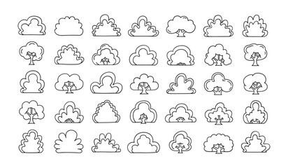 Fototapeta premium Collection of black and white line trees and clouds lineart