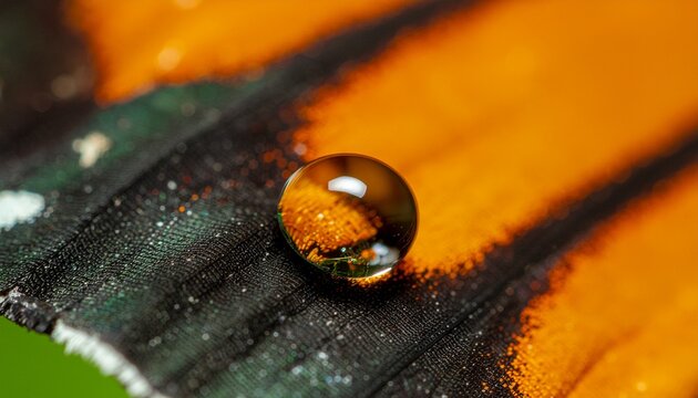Extreme macro photography of a single transparent water droplet on a Monarch butterfly wing
