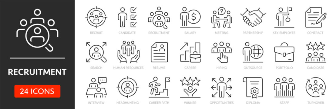 Recruitment line icon set. Editable Stroke. Headhunting, recruit, candidate, resume, interview, contract - stock vector.