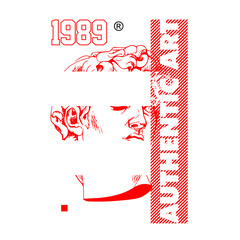 Obraz premium Vaporwave greek statue head with red glitch effect and authentic art typography.