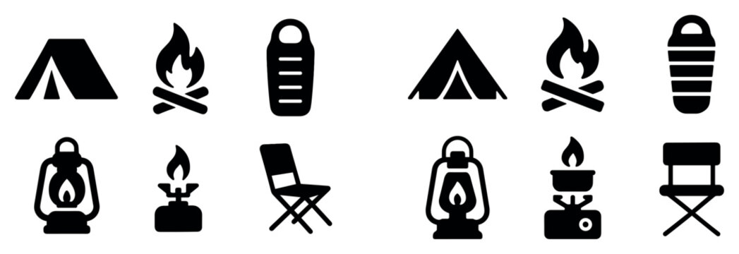 Camping icons with tent fire sleeping bag minimal