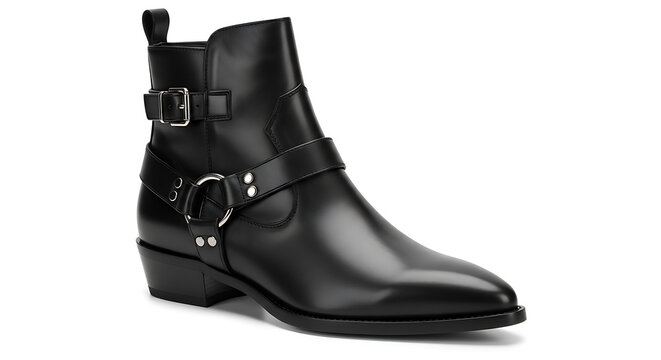 Black leather ankle boot with round toe and low heel, side view round-toe
