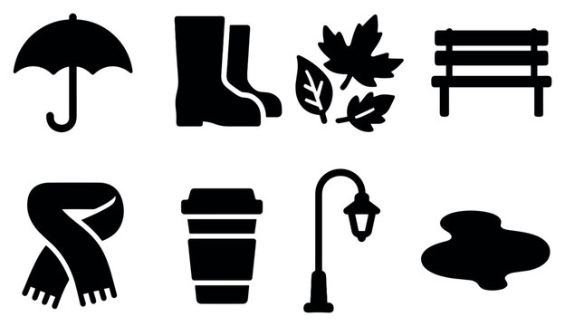 Autumn icons with umbrella boots leaves silhouette