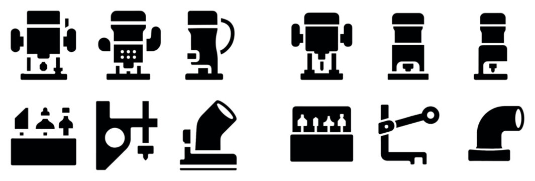 Industrial icons with drill press clamp elbow silhouette