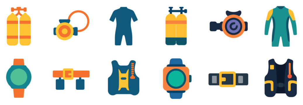 Diving icons with air tanks wetsuit colorful