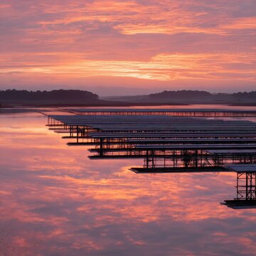 Floating Solar Farm Reflecting at Dawn with Pink and Golden Sky Over Calm Water