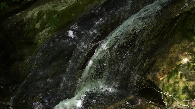 Twannbach Gorge, Switzerland - Fresh stream cascades over dark stones in shaded woodland, creating sparkling water patterns and a calm nature background.
