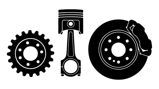 Black silhouette vector set of car auto parts including gear piston and brake disc isolated on transparent background