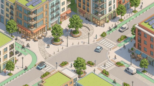 Pedestrians and Cyclists Navigate a Busy Plaza in a Modern Urban Area With Trees and Buildings