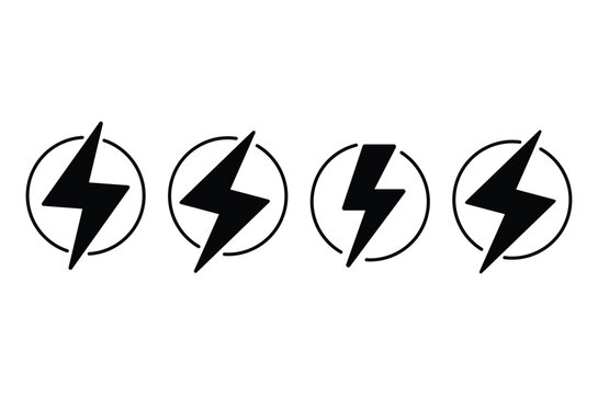Four black lightning bolt in circles on white background symbols