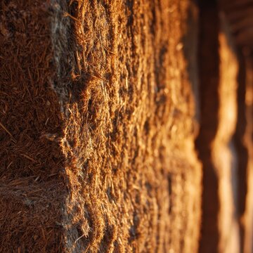 Closeup of Compressed Straw Bale Wall with Warm, Earthy Texture in Natural Afternoon Light