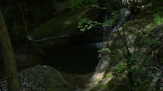 Twannbach Gorge, Switzerland - Dark woodland ravine with a small waterfall feeding a calm pool, surrounded by mossy rocks and spring greenery.