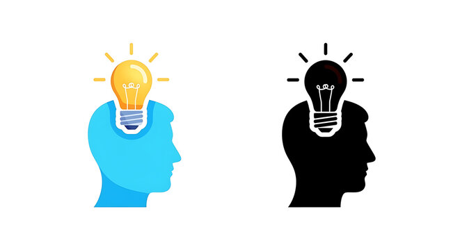 Blue cartoon character holding lightbulb idea, black silhouette man with lightbulb concept