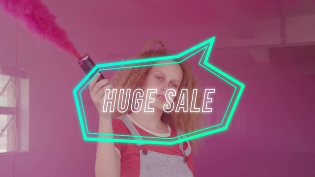 Woman activating smoke can, pointing, pink haze growing, neon HUGE SALE animating over torso, promo
