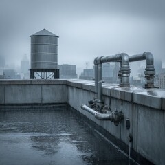 Obraz premium Urban Rooftop Rainwater Harvesting System Against Overcast City Skyline
