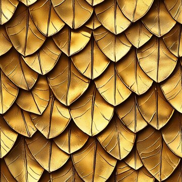 Seamless pattern of elegant elven scale armor featuring intricate leaf shaped golden metallic plates.