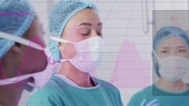 Woman medical staff after pink waveform rising over face, shifting gaze, closing eyes tracking data