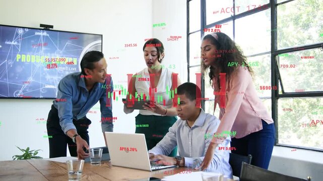 Team crowding laptop seated man typing causing candle overlays and leading to product launch cheer
