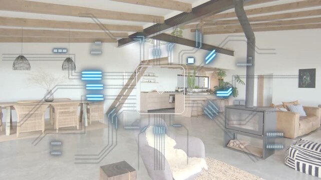 HUD square appearing over open room, circuitry expanding, blue nodes mapping island for design