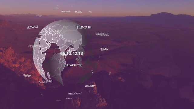 Semi-transparent 3D globe fading in, rotating, moving across dusk canyon, showing timecode labels