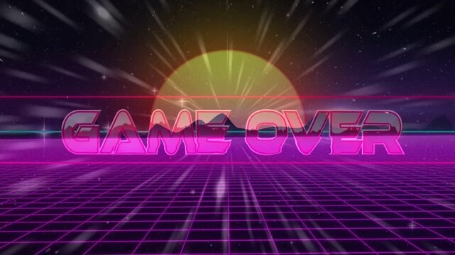 GAME OVER title fading in, pulling camera back, object tumbling, grid appearing, signaling game end