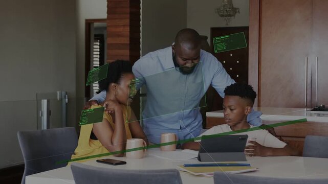 Parents focusing on son tapping tablet at dining table, initiating green AR overlay for learning