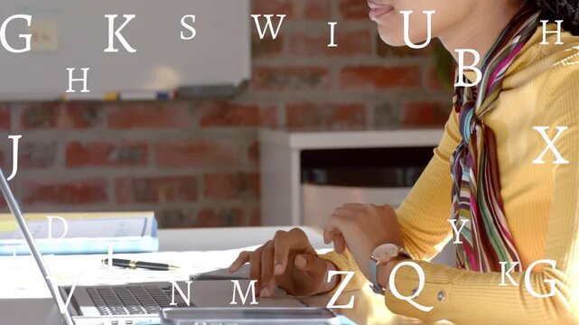 First keystroke starting floating letters around hands, woman typing at laptop studying education