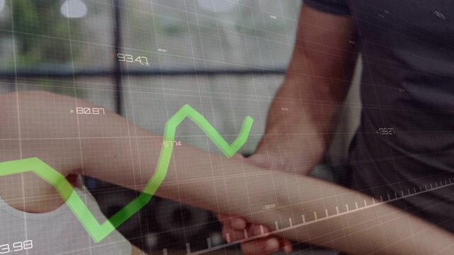 Gym client starting elbow bend, trainer guiding arm through rotation, aligning with green line