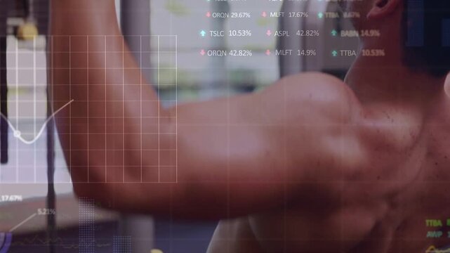 Man gripping pulldown bar and pulling toward chest while HUD graphs tracking fitness rep metrics