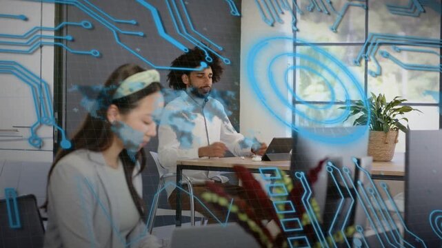 Man adjusting earbud, celebrating success, speaking to woman turning, tech overlay lasting