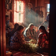 Obraz premium Indigenous women gathering to save seeds in afternoon natural light, promoting sustainable agriculture and preserving traditional varieties