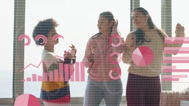 Three women chatting, center miming mic and starting pink charts growing, covering frame for ads