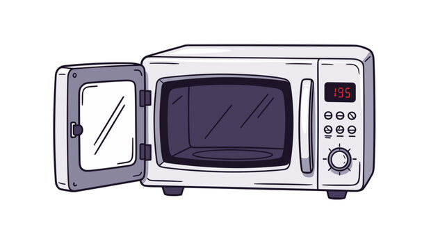 Microwave oven with open door and digital display on transparent background  
