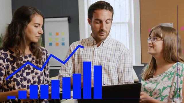 Three colleagues tapping laptop, analyzing sales and planning steps, chart overlay rising on laptop
