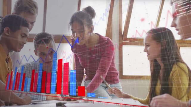 Standing student showing phone, 6 students leaning, analyzing as red blue charts grow for education