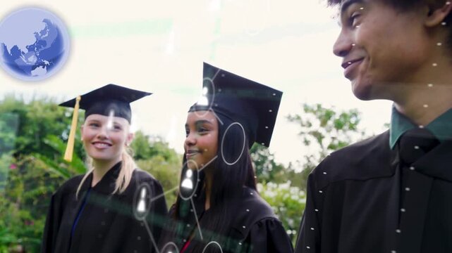 Grads standing in garden wearing gowns camera panning causing globe and users linking for education