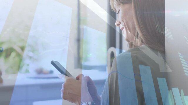 Woman leaning by window tapping phone and tracking finance metrics with animated charts overlaying