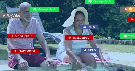 Naklejka premium Sitting seniors wearing wide-brimmed hat and polo, grandchild splashing at backyard pool, UI icons
