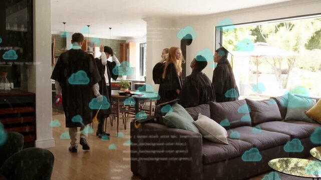 Graduates entering home after graduation, walking through living area, showing blue cloud overlay