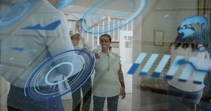 Toasting six adults in casual clothes in home foyer, holding wine glasses with blue HUD overlay