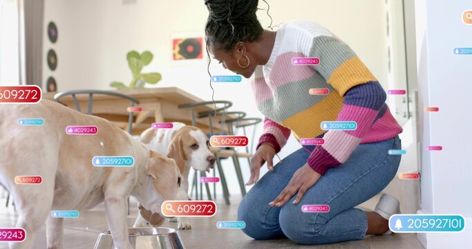 Kneeling woman in striped sweater jeans feeding dogs from metal bowls at home with digital tags